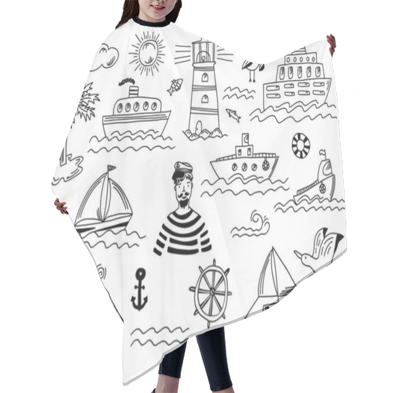 Personality  Collection Of Black Outline Doodle Sea Elements Hair Cutting Cape