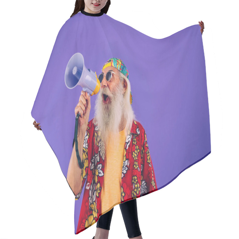 Personality  Senior Man With Eccentric Look  - 60 Years Old Man Having Fun, Portrait On Colored Background, Concepts About Youthful Senior People And Lifestyle Hair Cutting Cape