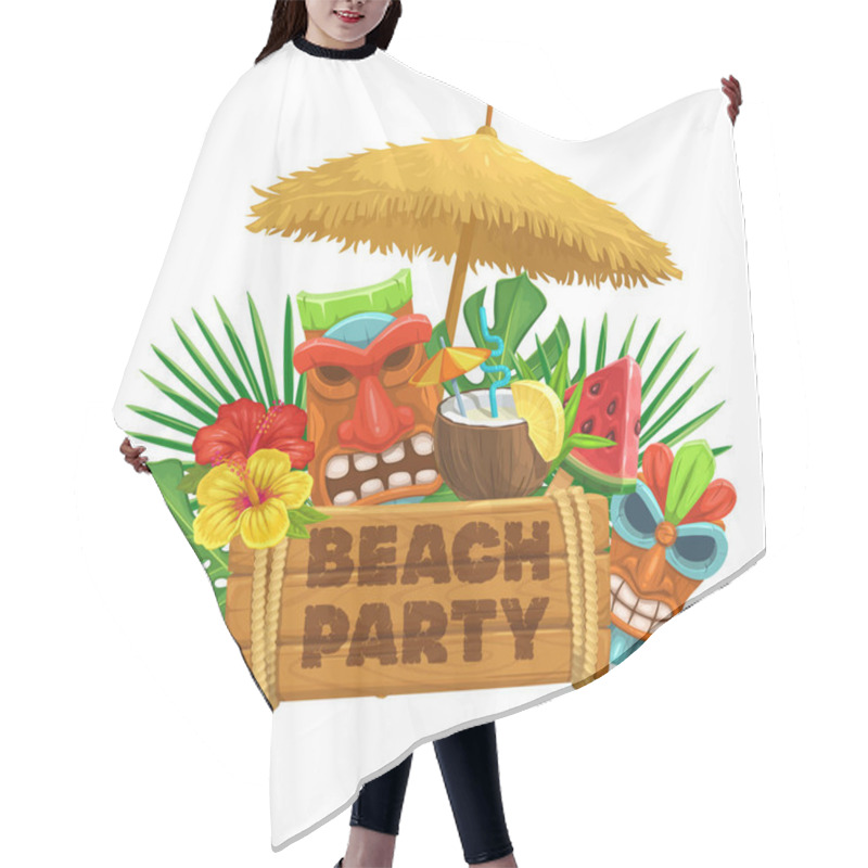 Personality  Vector Hawaiian Beach Party Banner. Tiki Tribal Mask, Wooden Signboard, Straw Umbrella, Cocktail Pina Colada, Watermelon, Torch And Flowers Of Hibiscus. Hair Cutting Cape