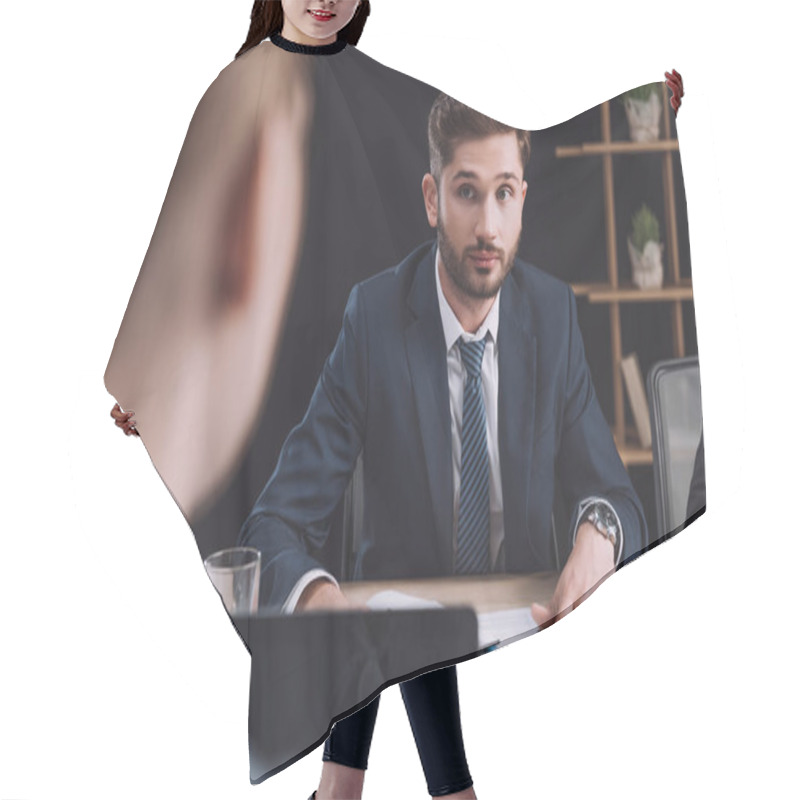 Personality  Selective Focus Of Young, Handsome Businessman Looking At Colleague During Business Meeting Hair Cutting Cape