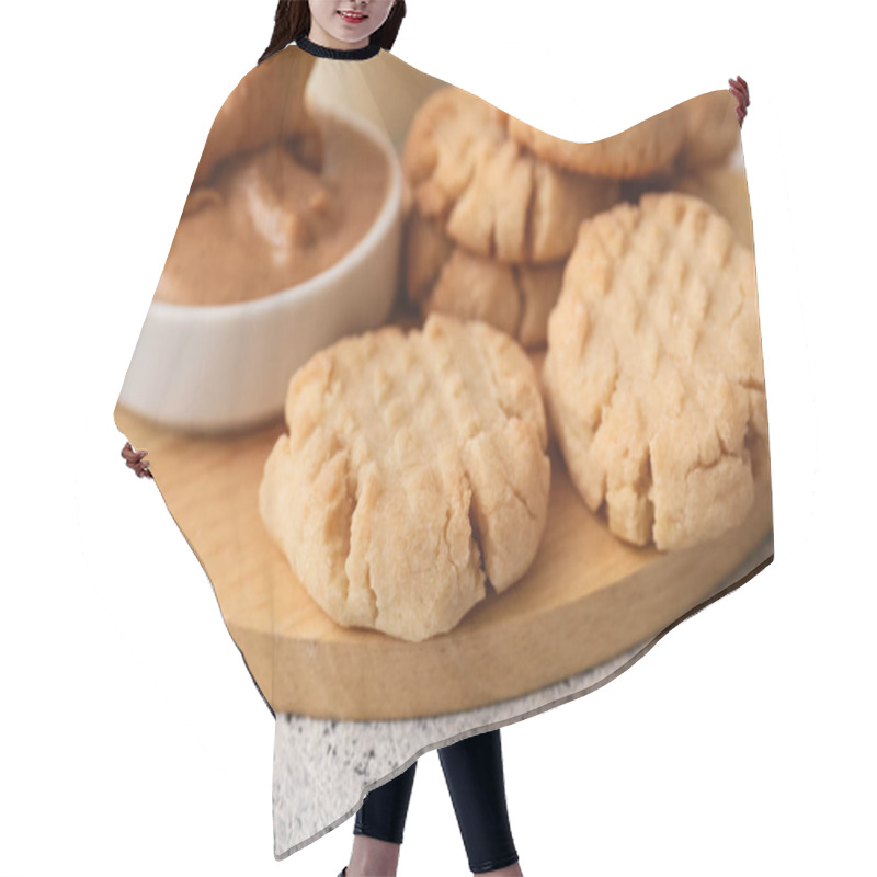 Personality  Wooden Board With Tasty Peanut Cookies On Table, Closeup Hair Cutting Cape