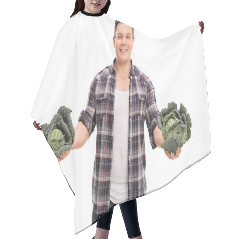 Personality  Farmer Holding Two Whole Savoy Cabbages  Hair Cutting Cape