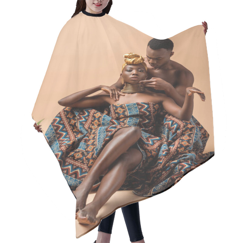 Personality  Sexy Naked Tribal Afro Woman Covered In Blanket Posing Near Man And Pineapple On Beige Hair Cutting Cape