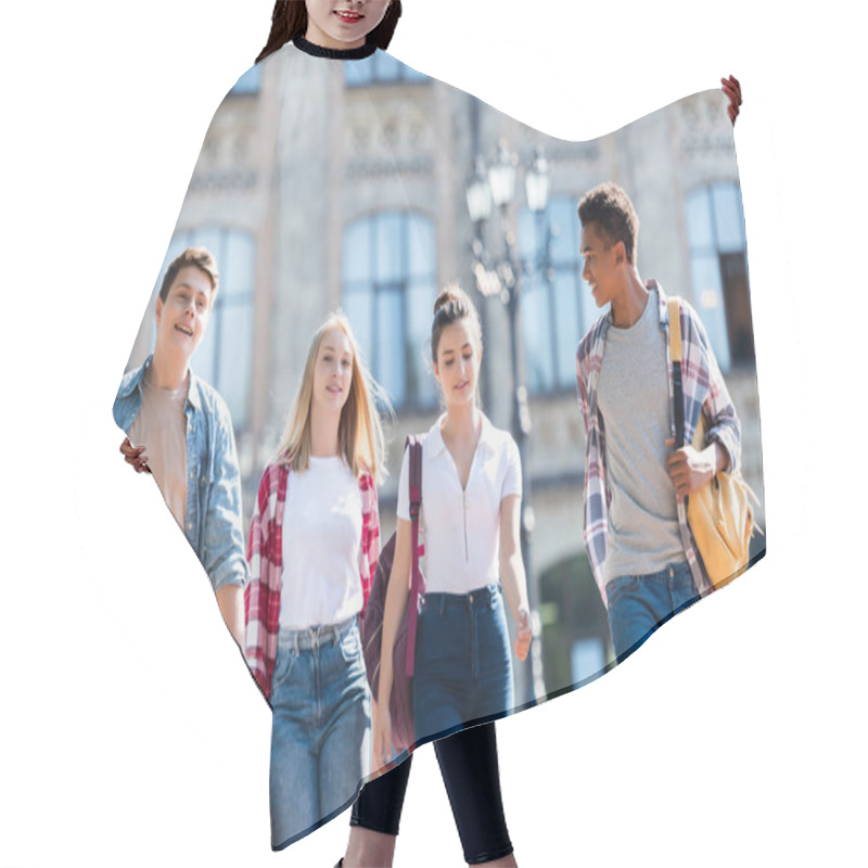 Personality  Group Of Happy Multiethnic Teenagers With Backpacks Having Walk Together Hair Cutting Cape