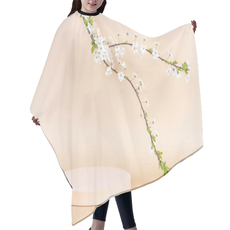 Personality  Geometric Podium Platform Stand For Product Presentation And Spring Flowering Tree Branch With White Flowers On Pastel Background. Front View Hair Cutting Cape