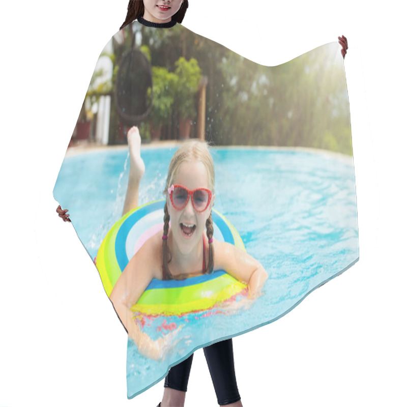 Personality  Child In Swimming Pool. Kids Swim. Water Play. Hair Cutting Cape