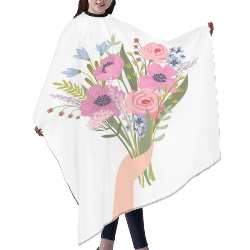 Personality  Isolated Llustration Bouquet Of Flowers In Female Hand. Vector Design Concept For Holyday And Other Use. Hair Cutting Cape