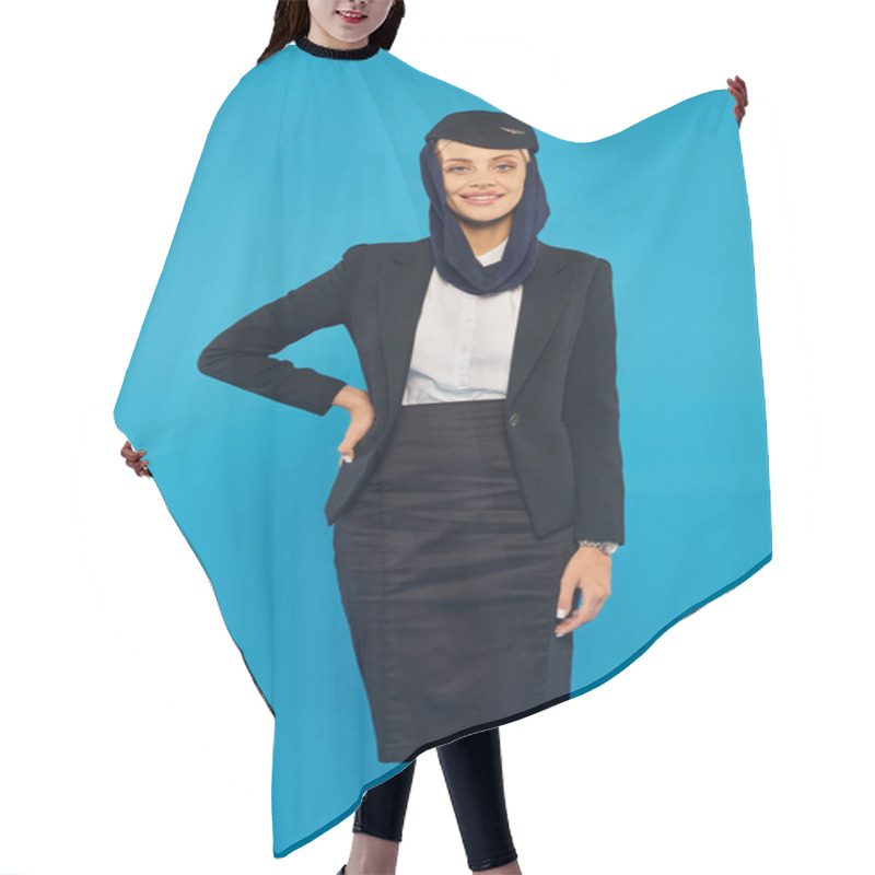 Personality  Jolly Air Hostess In Uniform And Headscarf Posing With Hand On Hip On Blue, Arabian Airlines Hair Cutting Cape