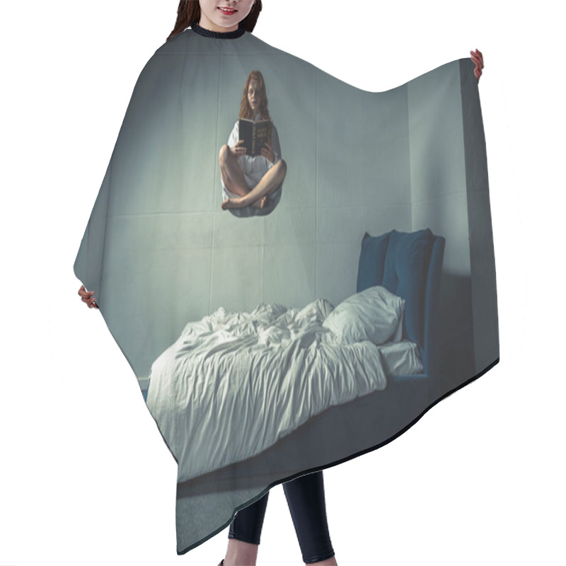 Personality  Demonic Woman In Nightgown Levitating Over Bed While Reading Bible Hair Cutting Cape