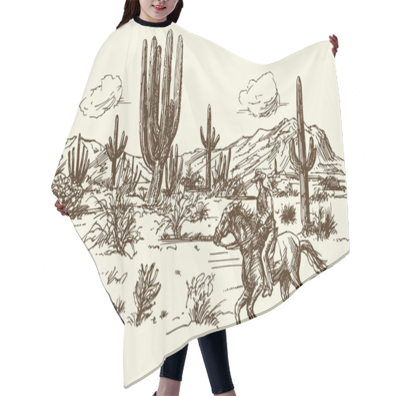 Personality  American Wild West Desert With Cowboy - Hand Drawn Illustration Hair Cutting Cape