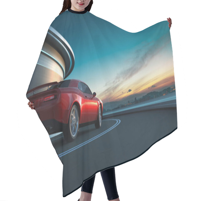 Personality  Rear Angle View Of A Generic Red Brandless American Muscle Car In A City Street Road  With Motion Blur  Hair Cutting Cape