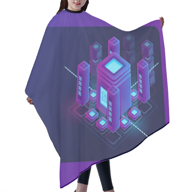 Personality  Isometric Smart City, Digital Town, Server Room, Big Data Flow Processing, Data Center And Database Warehouse, Cloud Storage Vector Dark Ultra Violet Neon Hair Cutting Cape