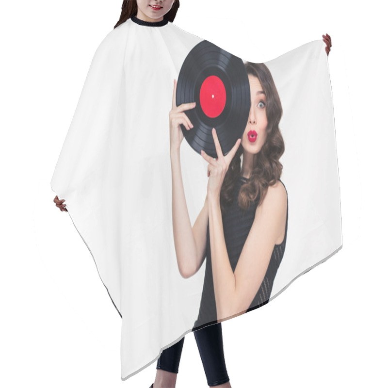 Personality  Playful Beautiful Woman Covered Half Of Face With Vinyl Disc Hair Cutting Cape