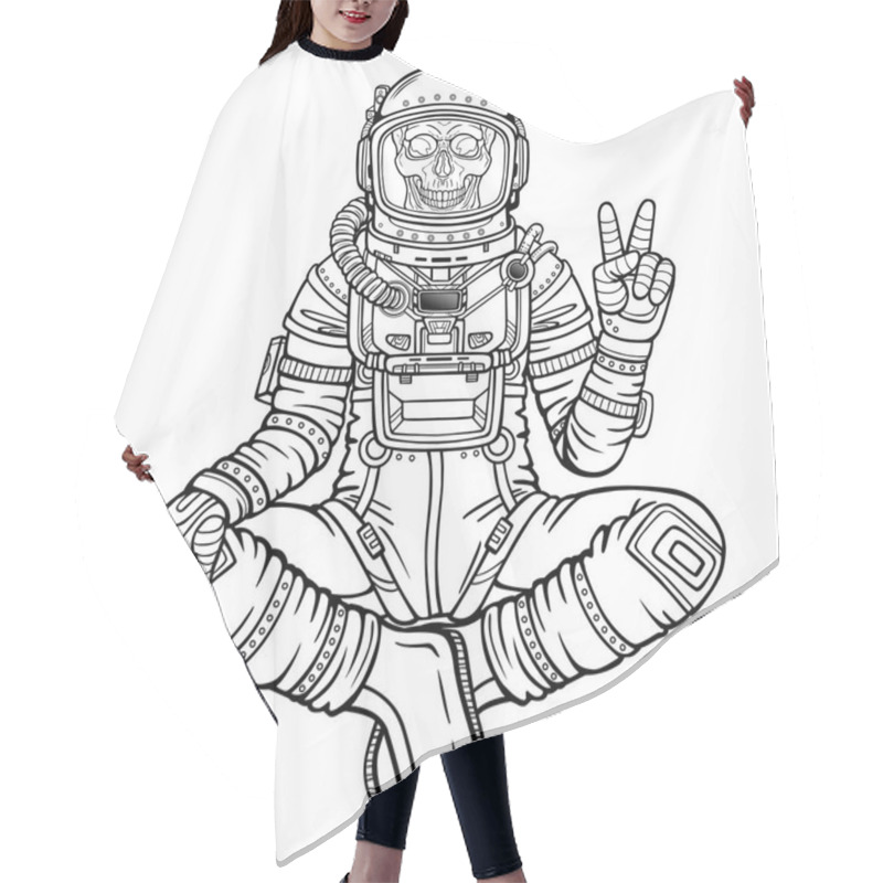 Personality  Animation Figure Of The Astronaut Skeleton Sitting In Buddha Pose. Meditation In Space. Monochrome Drawing. Vector Illustration Isolated On A White Background. Print, Poster, T-shirt, Card. Hair Cutting Cape