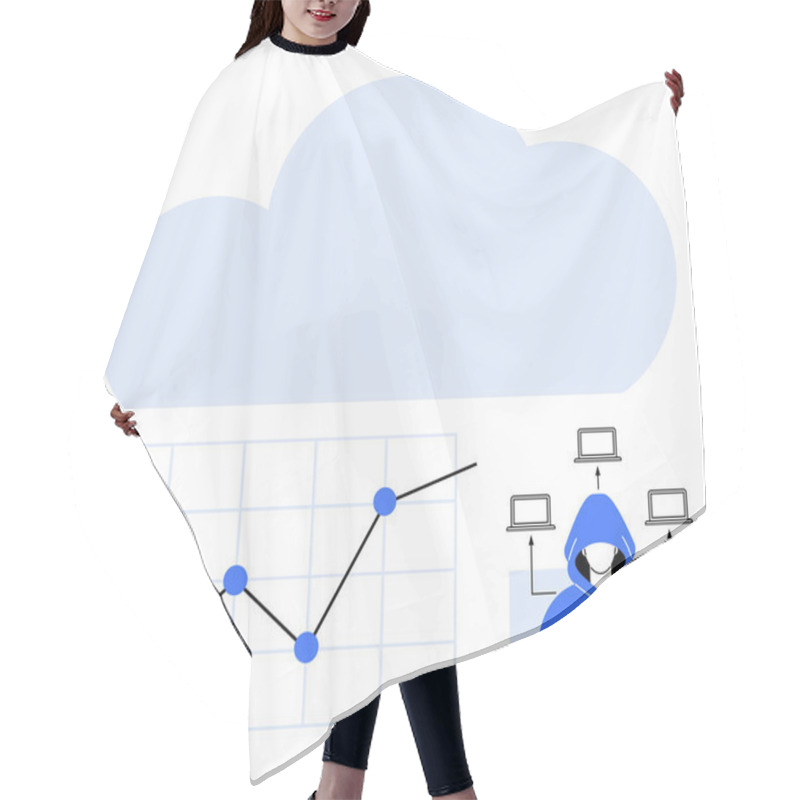 Personality  Graph Tracking Data Trends, Cloud Icon, Hacker In Hoodie With Warning Icon, Interconnected Devices. Ideal For Data Security, Cybersecurity, Cloud Computing, Risk Analysis, Network Monitoring Hair Cutting Cape