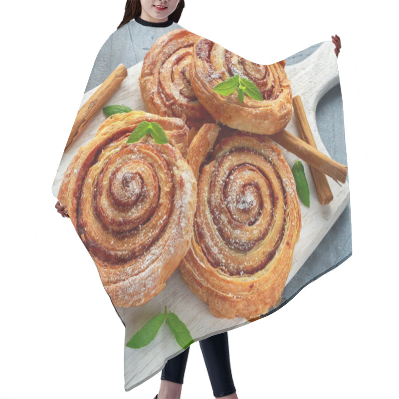 Personality  Freshly Baked Traditional Sweet Cinnamon Rolls, Swirl On White Wooden Board Hair Cutting Cape