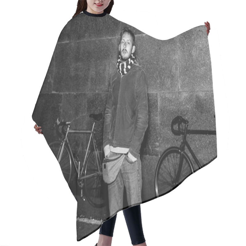 Personality  Black And White Portrait Of A Cyclist Hair Cutting Cape