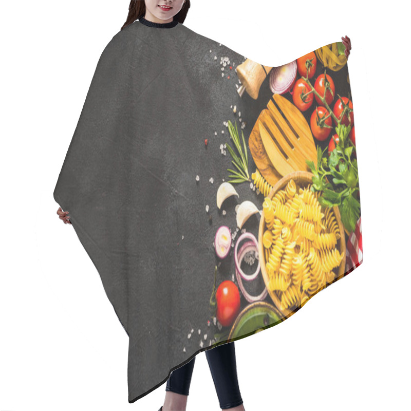 Personality  Food Cooking Background At Black Table Top View. Hair Cutting Cape