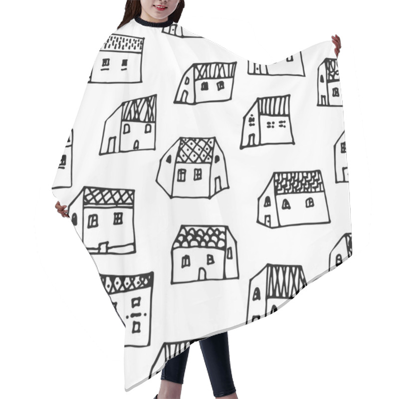 Personality  City Seamless Pattern In Black And White Is Repetitive Texture With Hand Drawn Houses. Hair Cutting Cape