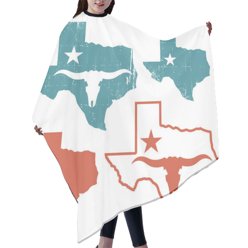 Personality  Texas Set Maps Silhouette With Bull Skull And Symbol Star. Vector Illustration Of Texas Map Silhouette Old Scratched Background Isolated On White For Design. Texas Sign Symbol Hair Cutting Cape