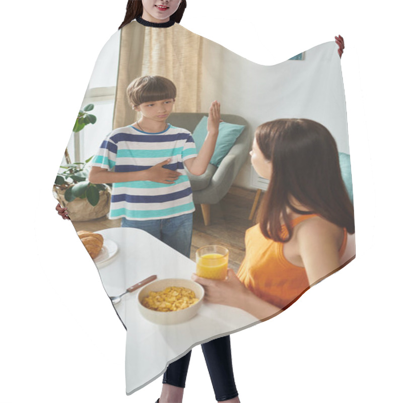 Personality  A Little Boy Communicates With His Mother Over Breakfast, Showcasing A Warm Connection. Hair Cutting Cape