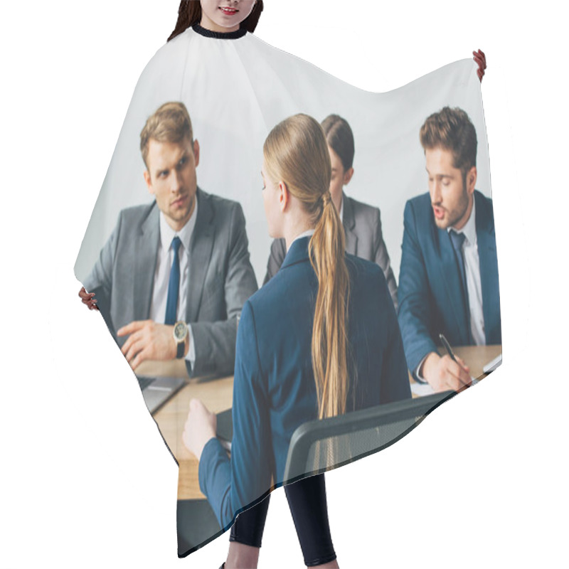 Personality  Selective Focus Of Employee Looking At Laptop During Job Interview With Recruiters In Office  Hair Cutting Cape