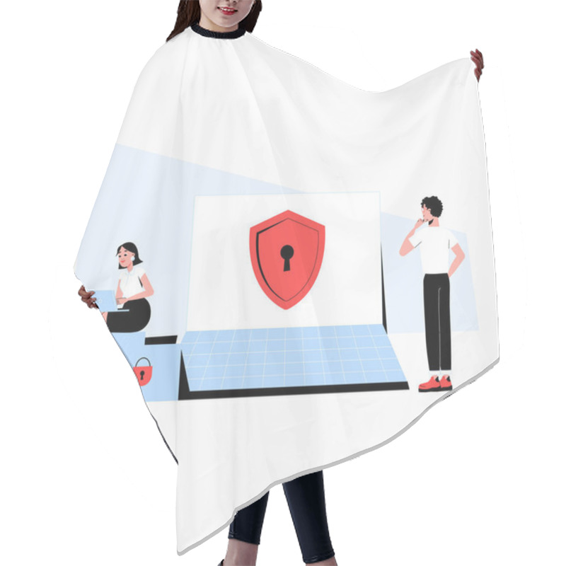 Personality  Laptop With A Red Security Shield, A Male And Female Character Nearby, Symbolizing Cybersecurity, Digital Protection, And Online Safety For Secure Browsing. Hair Cutting Cape