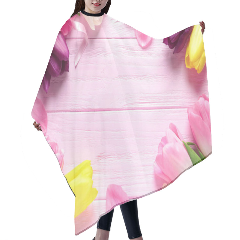 Personality  Flat Lay Composition Of Beautiful Spring Tulips On Wooden Background, Space For Text. International Women's Day Hair Cutting Cape