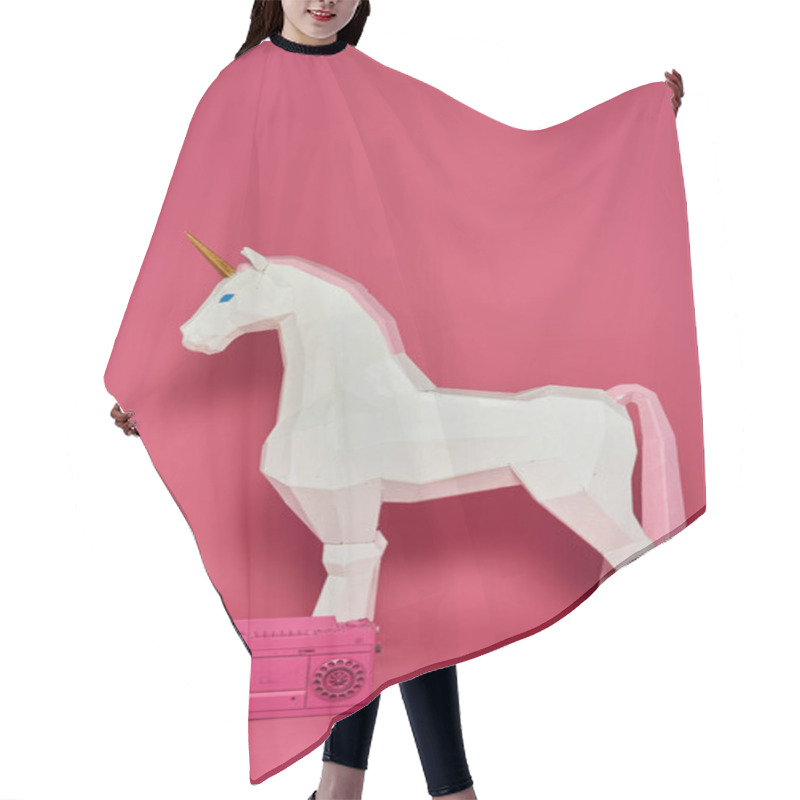 Personality  A White Origami Unicorn Stands In Front Of A Pink Background With A Pink Boombox At Its Feet. Hair Cutting Cape