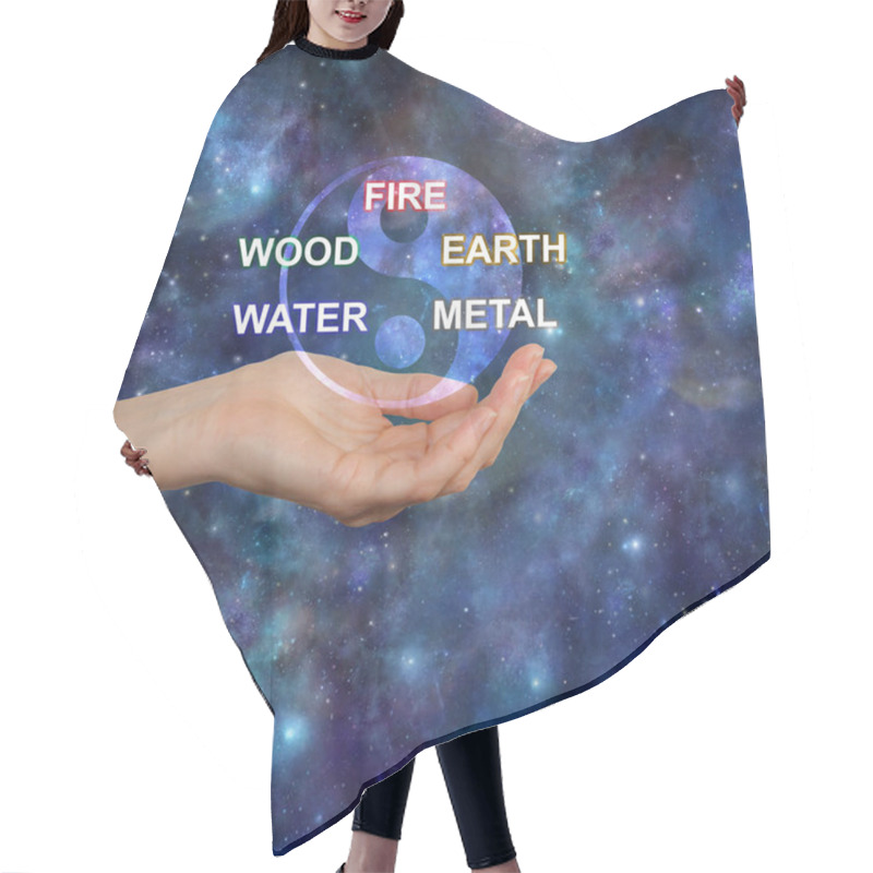 Personality       The Five Elements Of Traditional Chinese Medicine -  Yin Yang Symbol Above A Female Cupped Open Hand And The Words FIRE WOOD EARTH WATER METAL Against A Deep Space Background With Copy Space                           Hair Cutting Cape