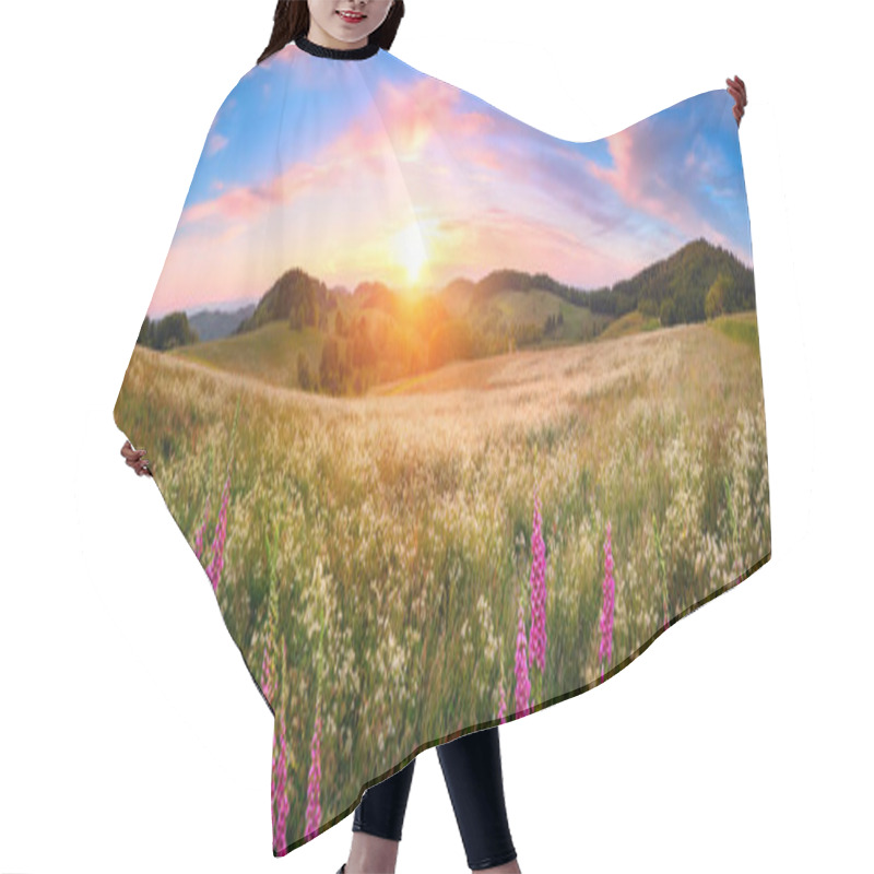 Personality  Panoramic Sunset Over A Vast Blossoming Meadow Landscape, With Flowers In The Foreground, Hills On The Horizon And Colorful Sky With Pink Clouds Hair Cutting Cape