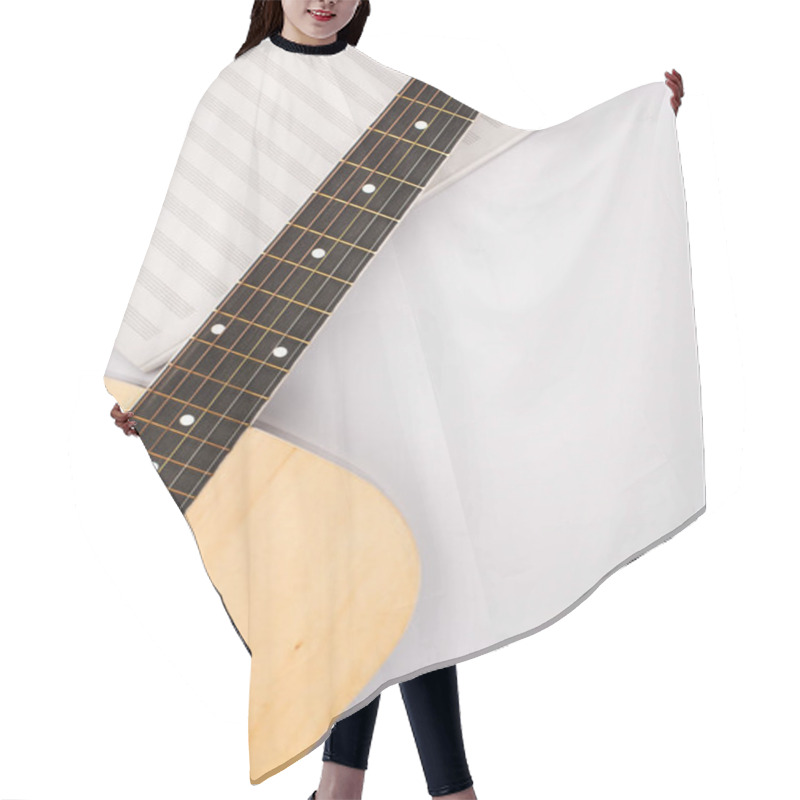 Personality  Top View Of Music Book With Acoustic Guitar On White Background Hair Cutting Cape