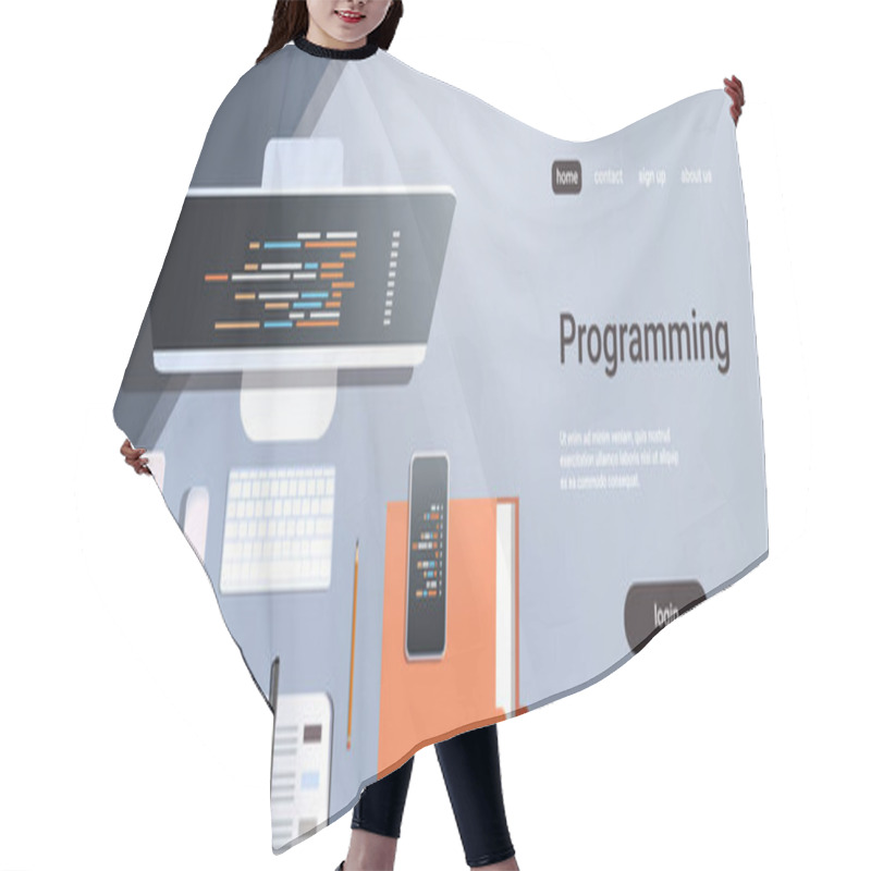 Personality  Web Site Design Development Program Code Programming Concept Top Angle View Desktop Computer Monitor Tablet Smartphone Screen Organizer Office Stuff Horizontal Copy Space Hair Cutting Cape