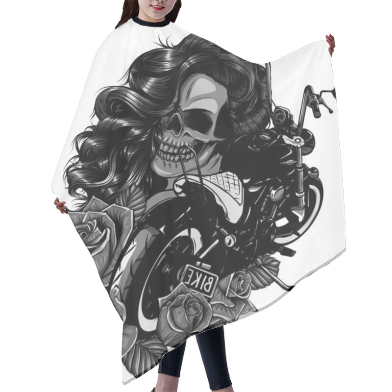 Personality  Vector Illustration Motorcycle With Woman Skull And Roses Hair Cutting Cape