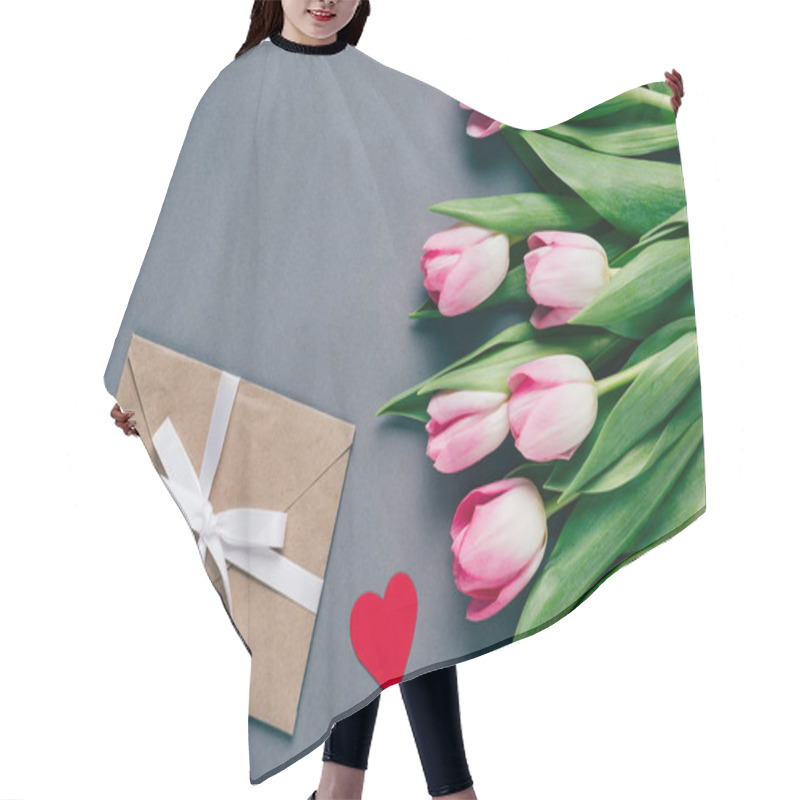 Personality  Top View Of Envelope With Bow, Paper Heart And Bouquet Of Tulips On Grey Background Hair Cutting Cape