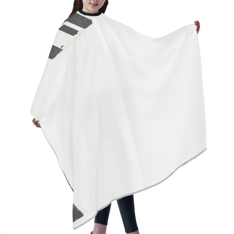 Personality  Top View Of Two Black Diskettes On White Background Hair Cutting Cape