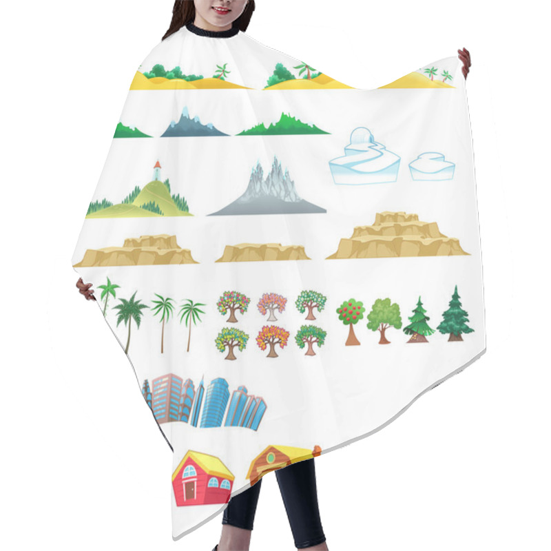 Personality  Set Of Trees, Mountains, Hills, Islands And Buildings. Hair Cutting Cape