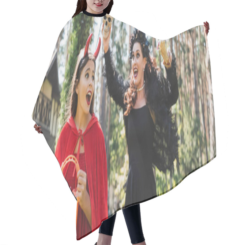 Personality  Woman In Vampire Halloween Costume Scaring Daughter With Toy Hand And Skull, Banner Hair Cutting Cape