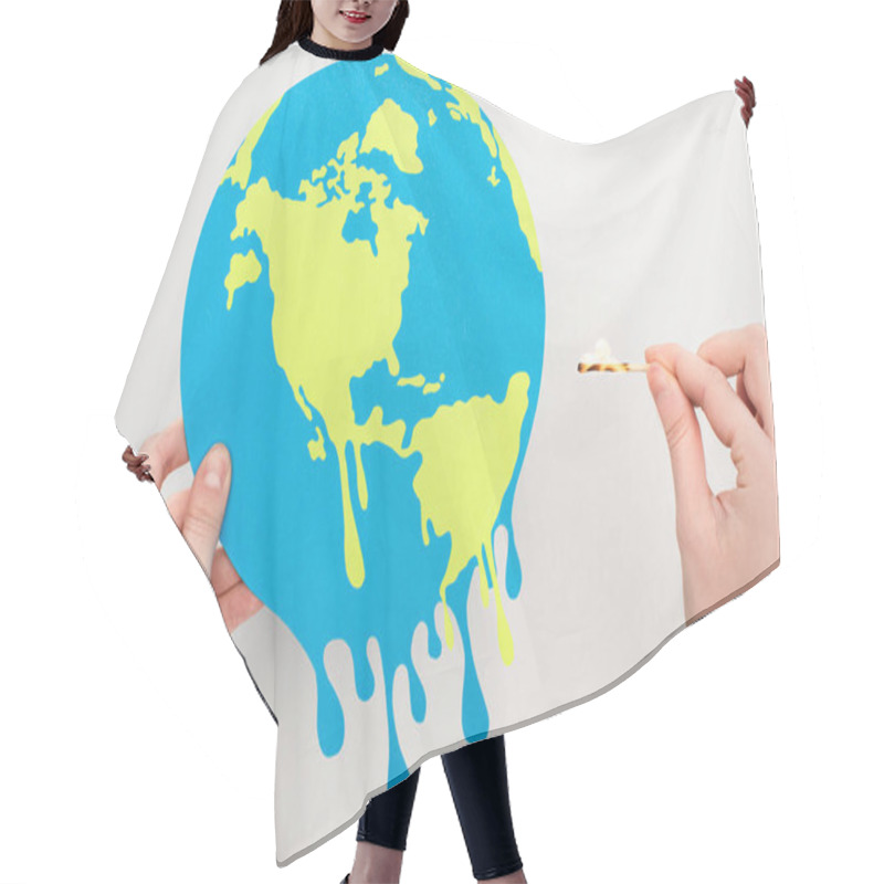 Personality  Cropped View Of Woman Holding Paper Globe And Match With Fire On White, Global Warming Concept Hair Cutting Cape