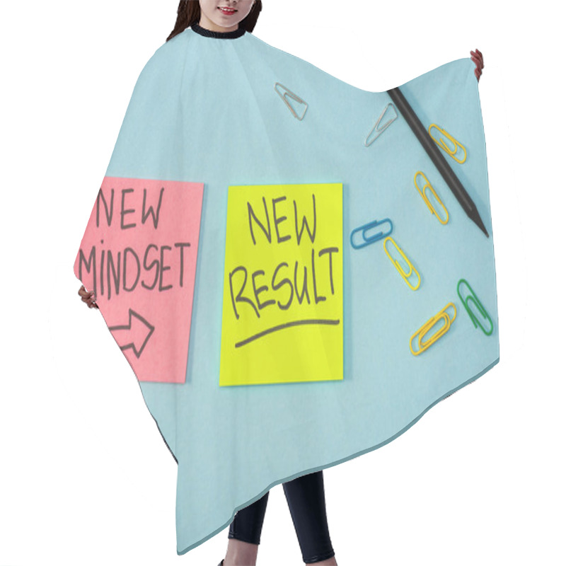 Personality  Top View Of Sticky Notes With New Mindset And New Result Lettering With Paper Clips And Pencil On Blue Background Hair Cutting Cape