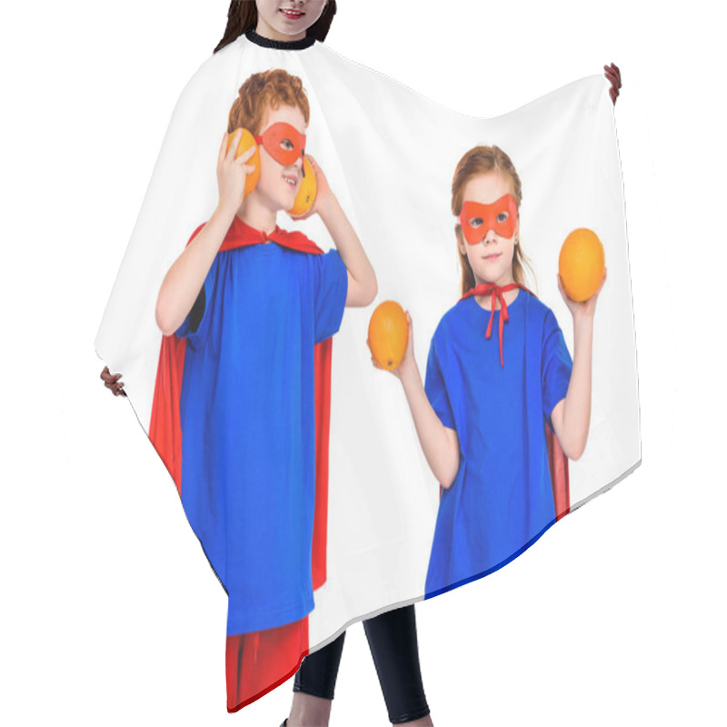 Personality  Cute Super Children In Masks And Cloaks Holding Oranges Isolated On White Hair Cutting Cape