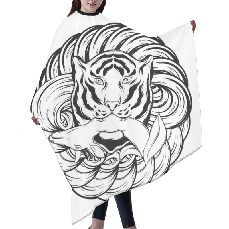 Personality  Vector Hand Drawn Illustration Of Tiger With Deer In His Mouth Isolated. Creative Tattoo Artwork. Template For Card, Poster. Banner, Print For T-shirt, Pin, Badge, Patch. Hair Cutting Cape