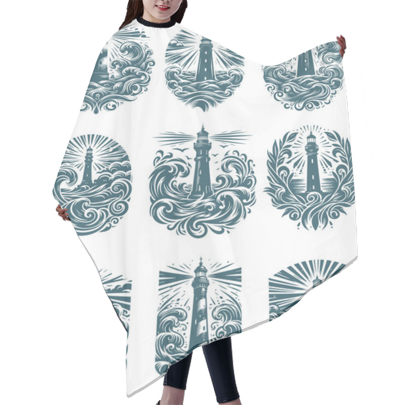 Personality  Graphic Collection Of Nautical Stylized Lighthouses In Stormy Sea Waves Artistic Stencil Design Hair Cutting Cape