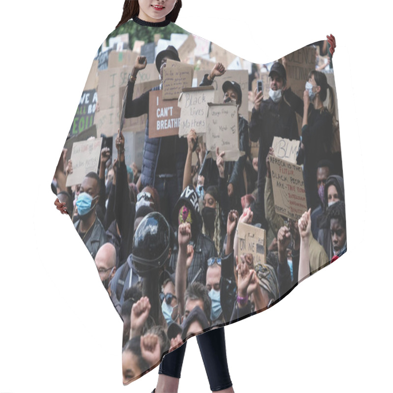 Personality  Protesters Hold Placards As They Gather In Central Brussels During The Black Lives Matter Protest Rally, Sunday, June 7, 2020.  Hair Cutting Cape