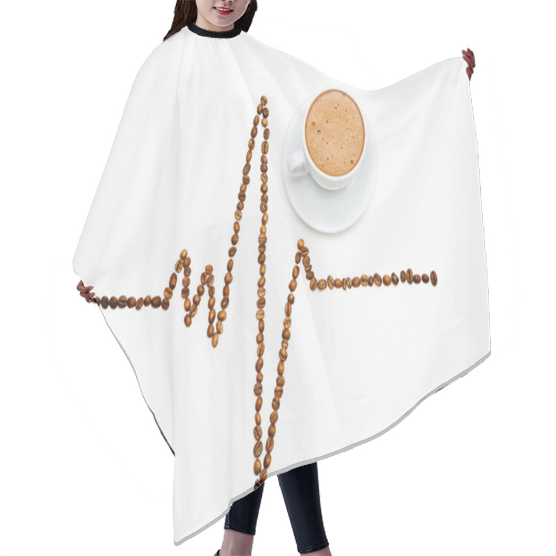 Personality  Cardiogram Shape Made From Coffee Beans With A Cup Of Coffee On  Hair Cutting Cape