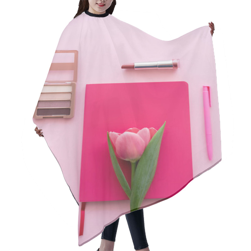 Personality  Top View Of Tulip On Notebook, Pen And Decorative Cosmetics On Pink Hair Cutting Cape