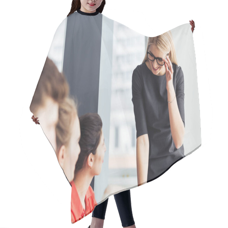 Personality  Business, Technology And Office Concept - Smiling Female Boss Talking To Business Team Hair Cutting Cape