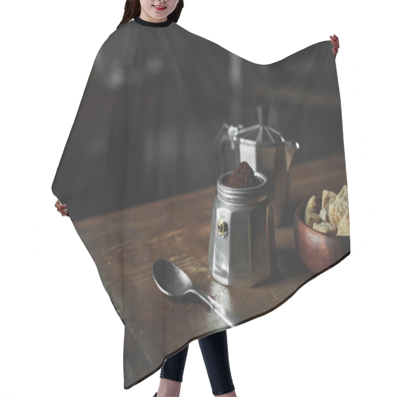 Personality  Espresso Maker With Coffee On Wooden Tabletop Hair Cutting Cape