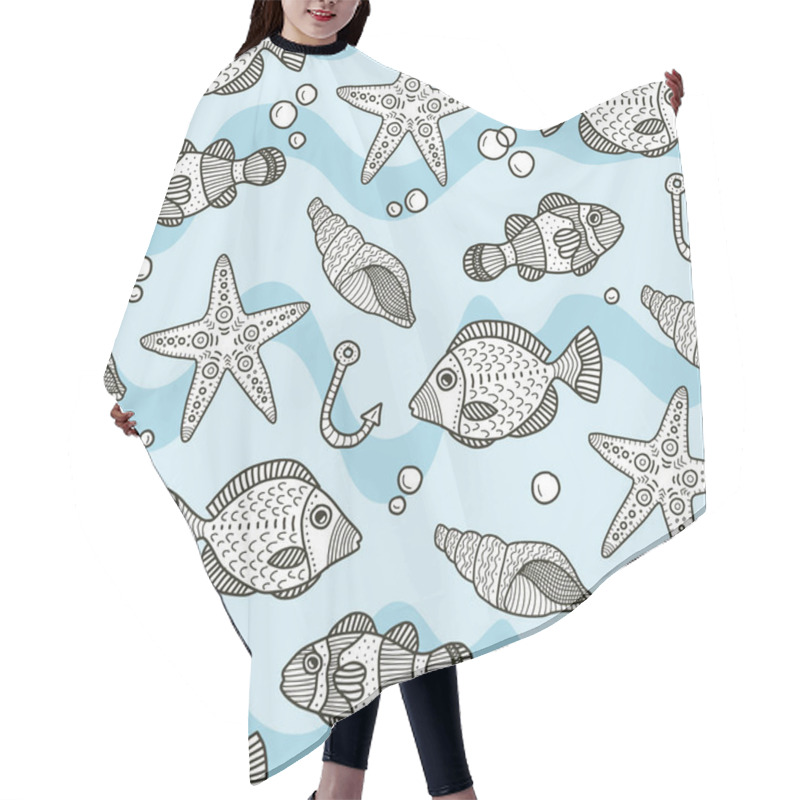 Personality  Vector Underwater Seamless Pattern In Blue. Simple Doodle Seashells And Fish And Bubbles Hand Drawn Made Into Repeat. Hair Cutting Cape