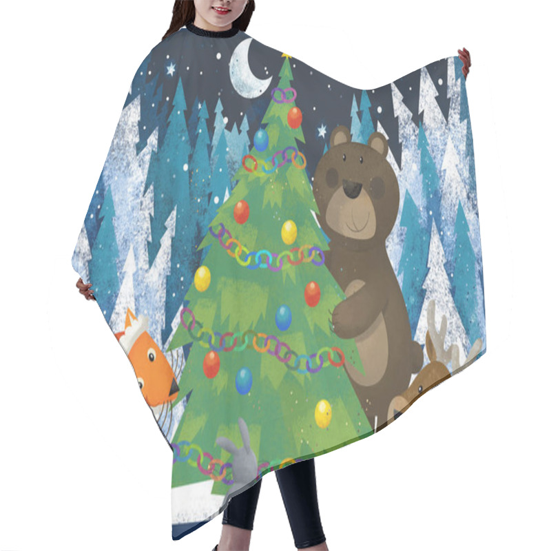 Personality  Winter Scene With Forest Animals Reindeers Bear And Fox Near Christmas Tree - Traditional Scene - Illustration For Children Hair Cutting Cape